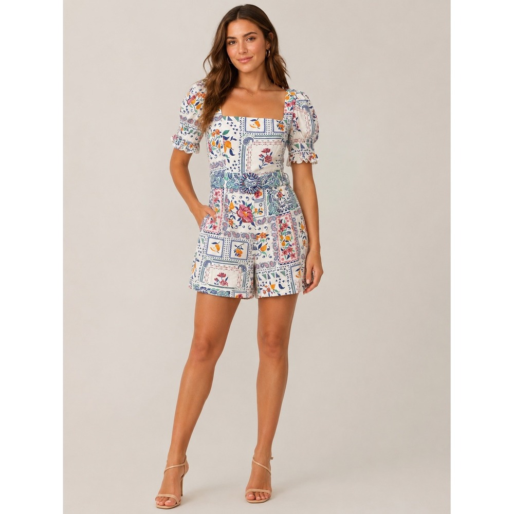 Caroline Constas Cross Stitch Tile Print Linen Romper Beaded Belt White Multi